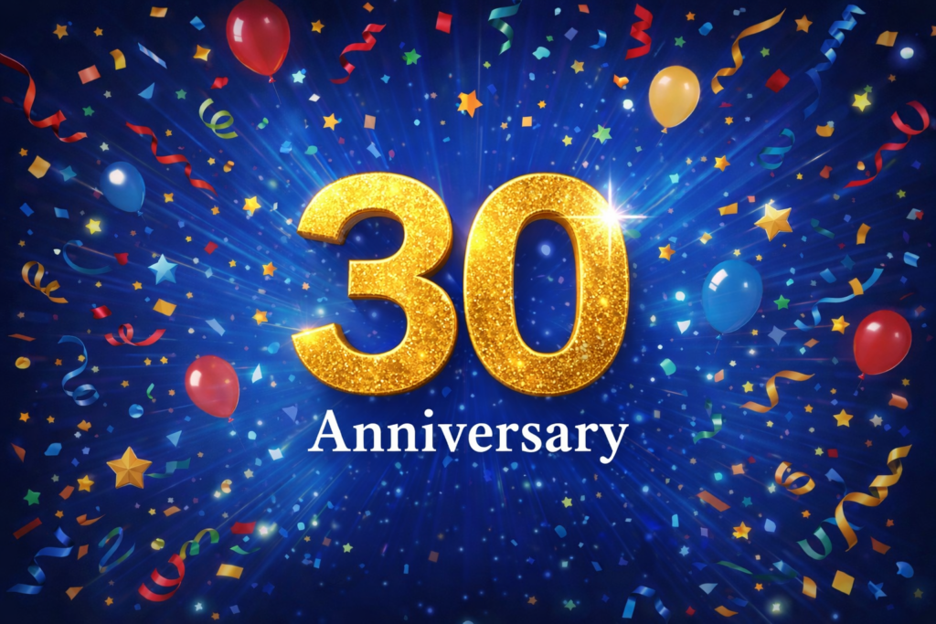 30Anniversaryの文字と紙吹雪で表現した周年記念イメージ画像