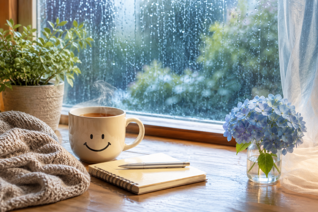 雨が降る窓辺と温かい飲み物がある、静かな雨の朝をイメージした風景