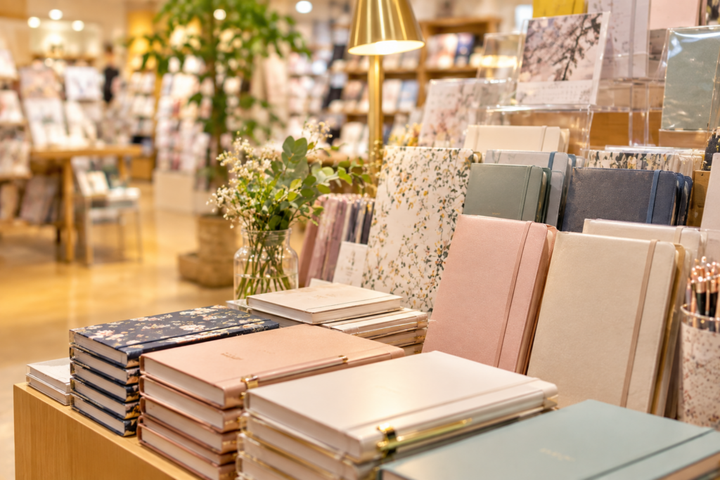 文具店に並ぶ色とりどりの手帳やノート