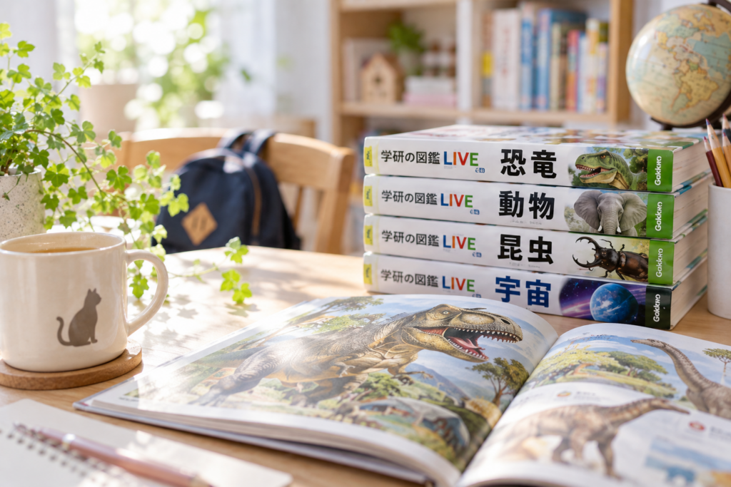 本や図鑑が並ぶ学習机のアイキャッチ画像