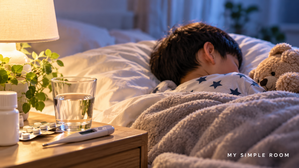 夜中に体調を崩してベッドで休む子どもと枕元の薬