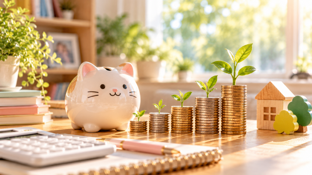 猫の貯金箱と、芽が育ちながら右肩上がりに積み重なるコイン。明るい室内のテーブルに電卓やノートが置かれている。