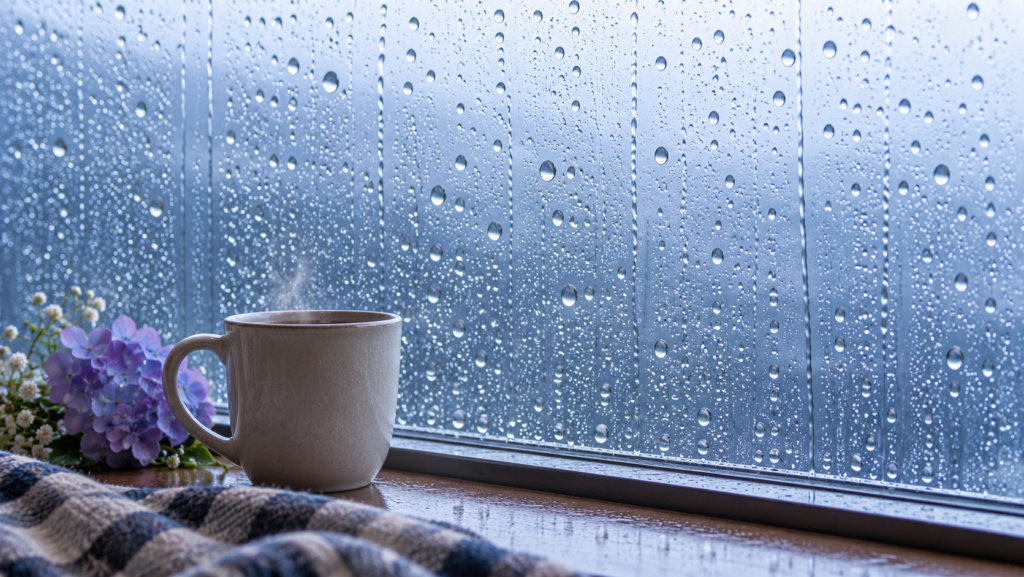雨粒が流れる窓辺と温かい飲み物のある雨の朝