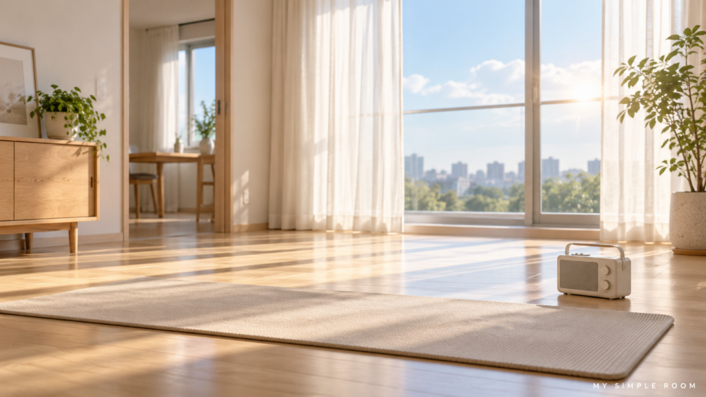 朝の光が差し込む部屋に置かれたストレッチマットとラジオ