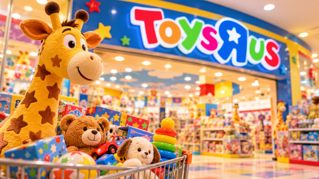 トイザらスをイメージしたカラフルなおもちゃ売り場とキリンのぬいぐるみ