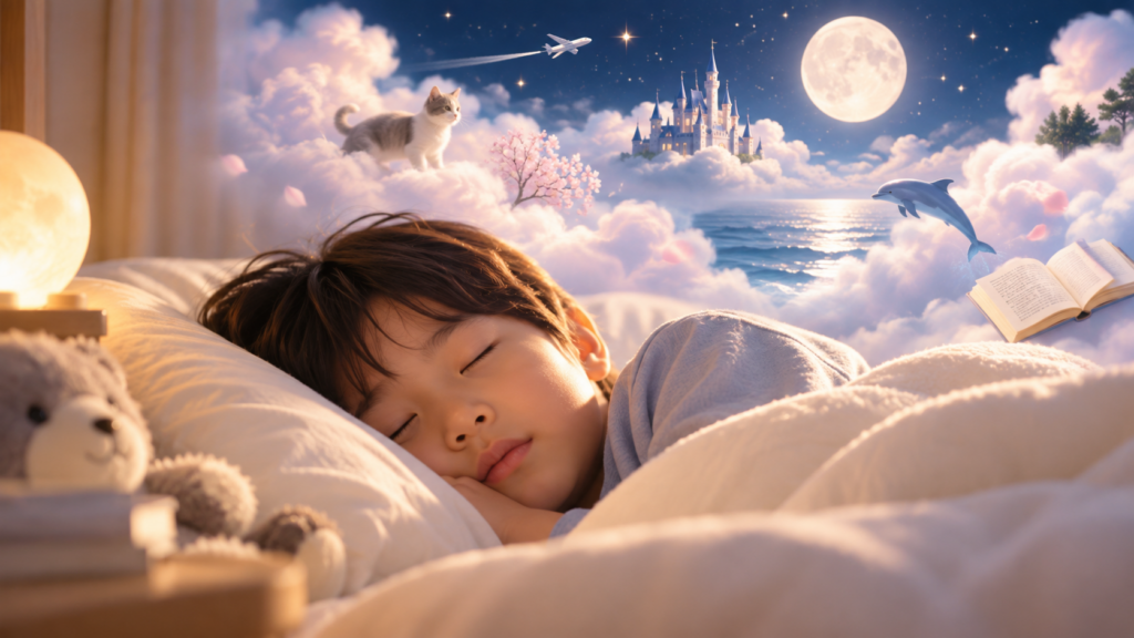 眠っているこどもの上に広がる幻想的な夢の世界