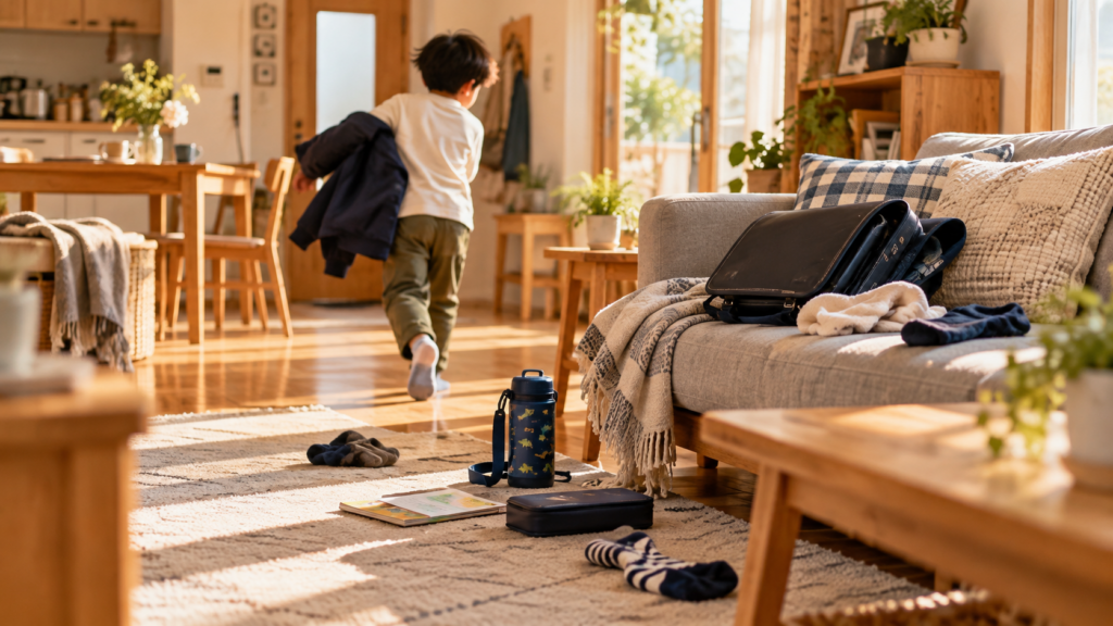 散らかった持ち物のそばにいる男の子の後ろ姿