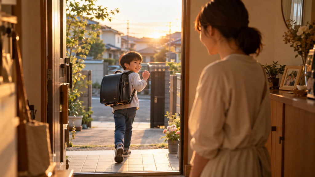 夕暮れの玄関で遊びに出かけるこどもを見送る母