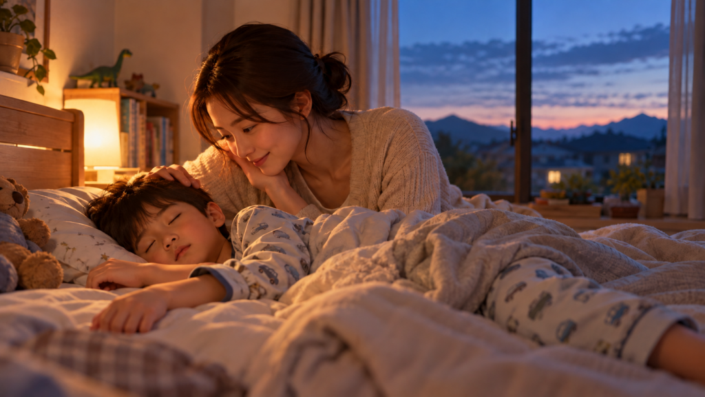 夜明け前の寝室で眠る男の子をやさしく見つめる母親