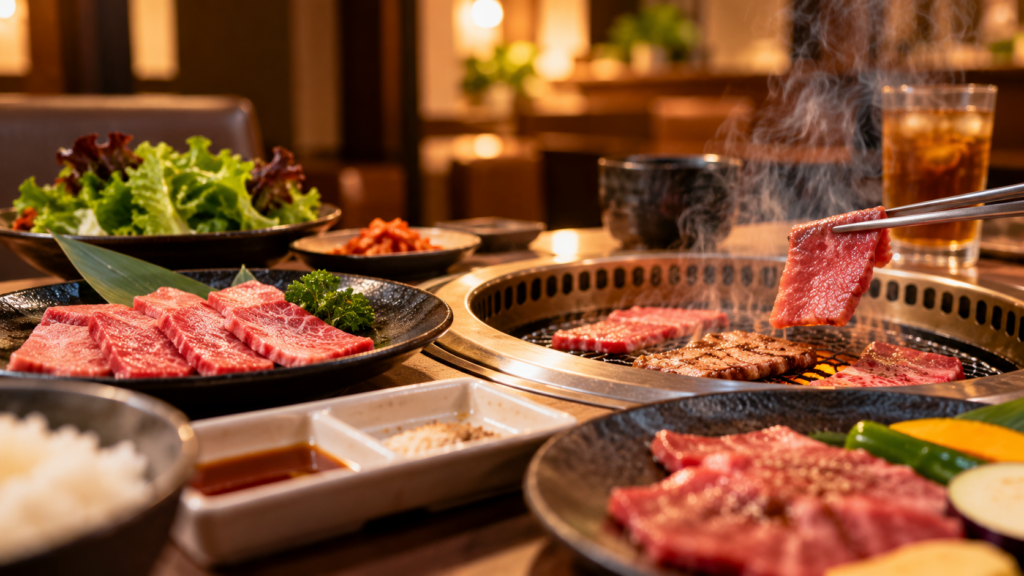 焼肉店のテーブルでお肉を焼いている様子
