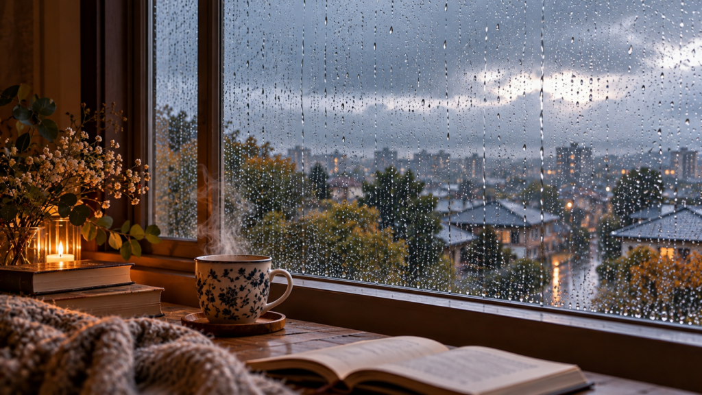 大雨の窓辺と本やコーヒーが置かれた静かな朝の風景