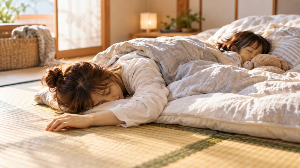 和室の布団で眠るこどもと畳の上で目覚めた母