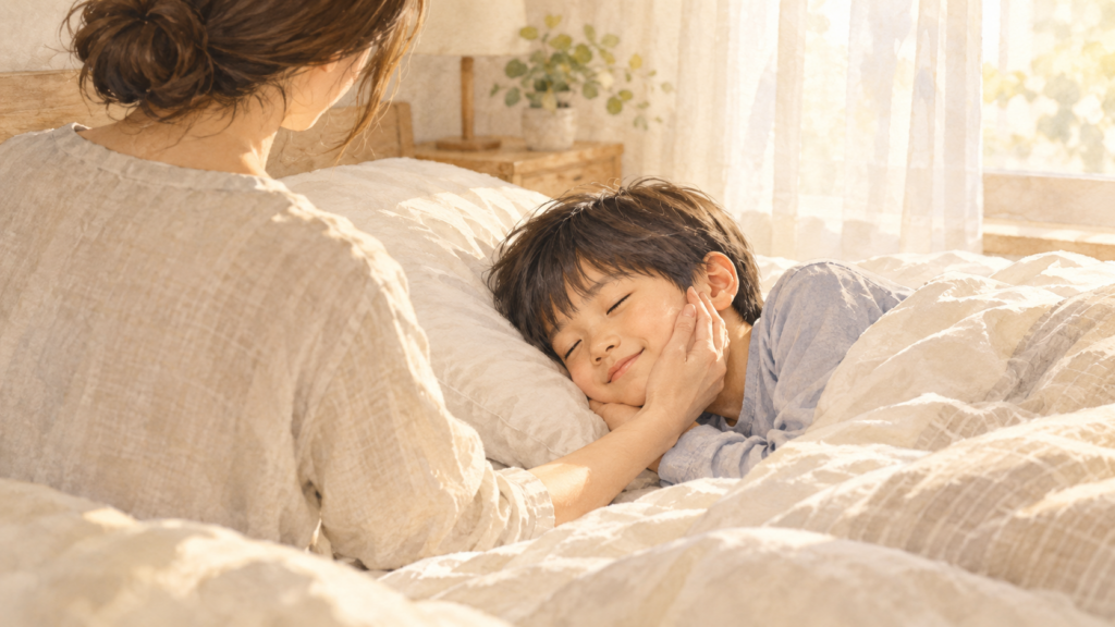 朝の光が差し込む寝室で、母親に頬をなでられながら微笑んで眠る男の子