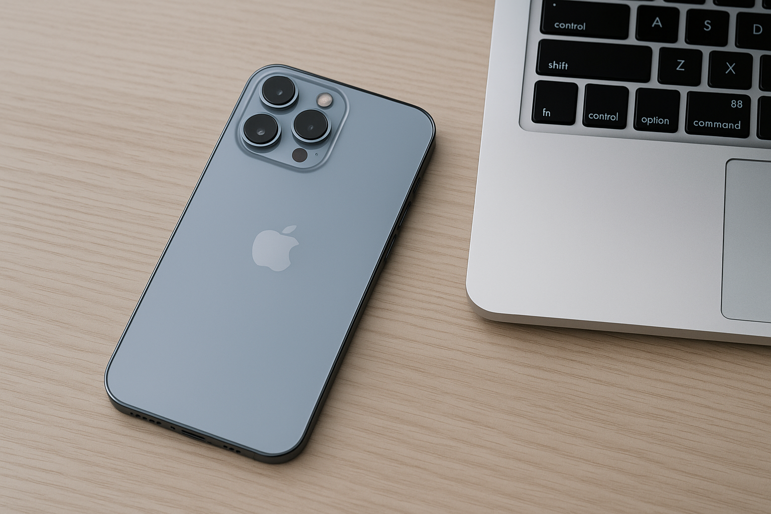 iPhoneのパッケージと光が差し込むデスクをイメージした写真