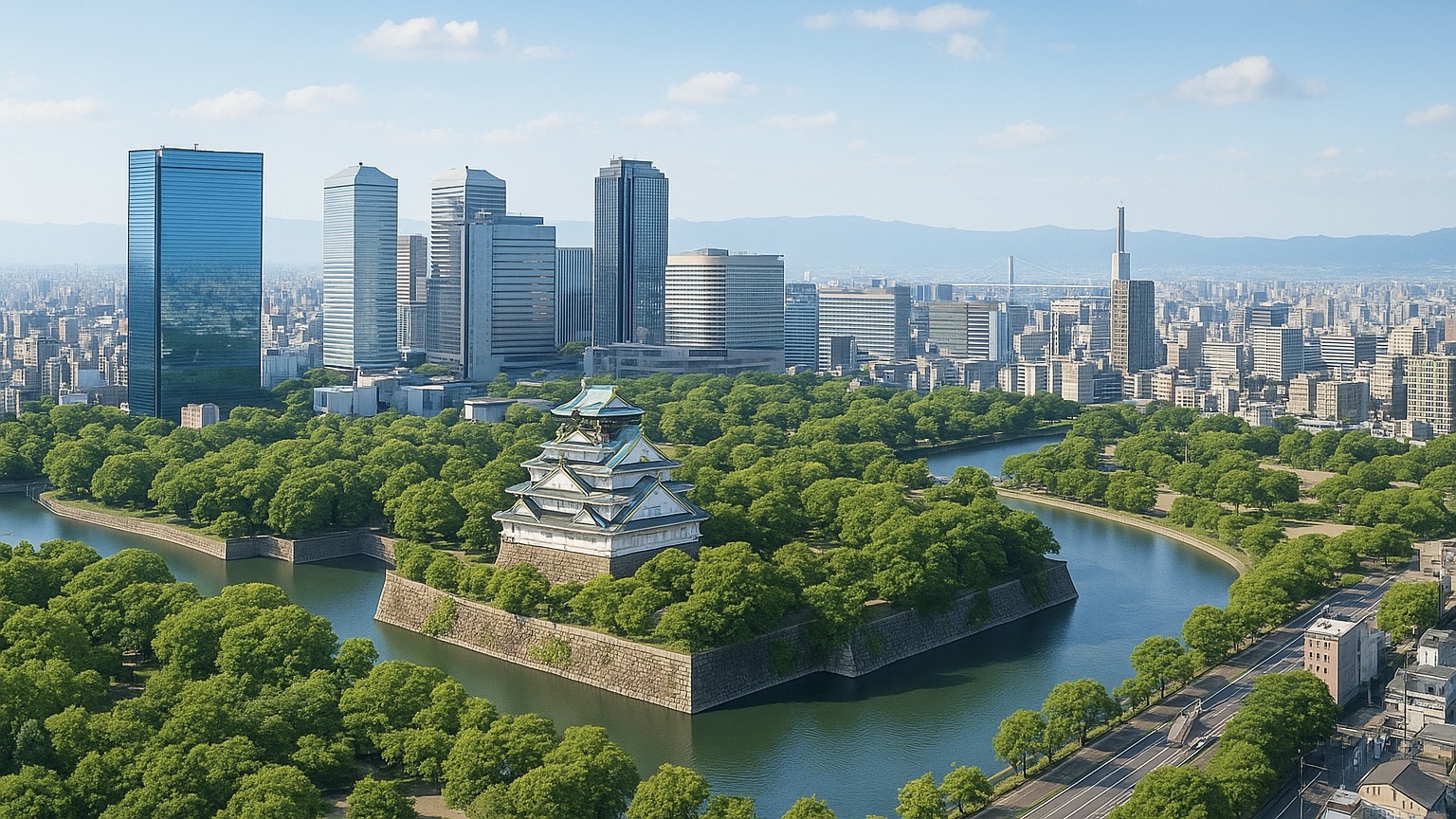 大阪市街の風景と青空のイラスト。大阪府の食費支援事業の記事用アイキャッチ。