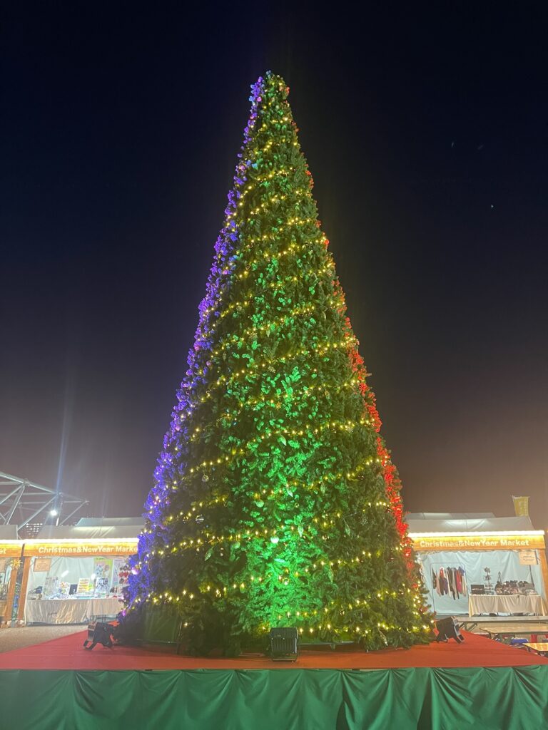ラーメンエキスポ会場近くで開催されていたクリスマスマーケットの巨大ツリーの写真。