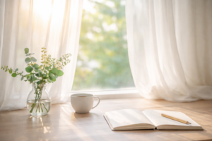 朝の光が差し込む窓辺の静かな風景