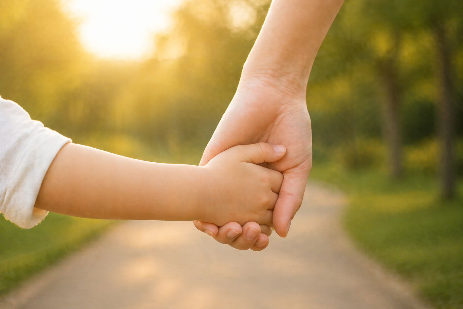 親と子どもが手をつないでいる様子（夕方のやわらかい光）