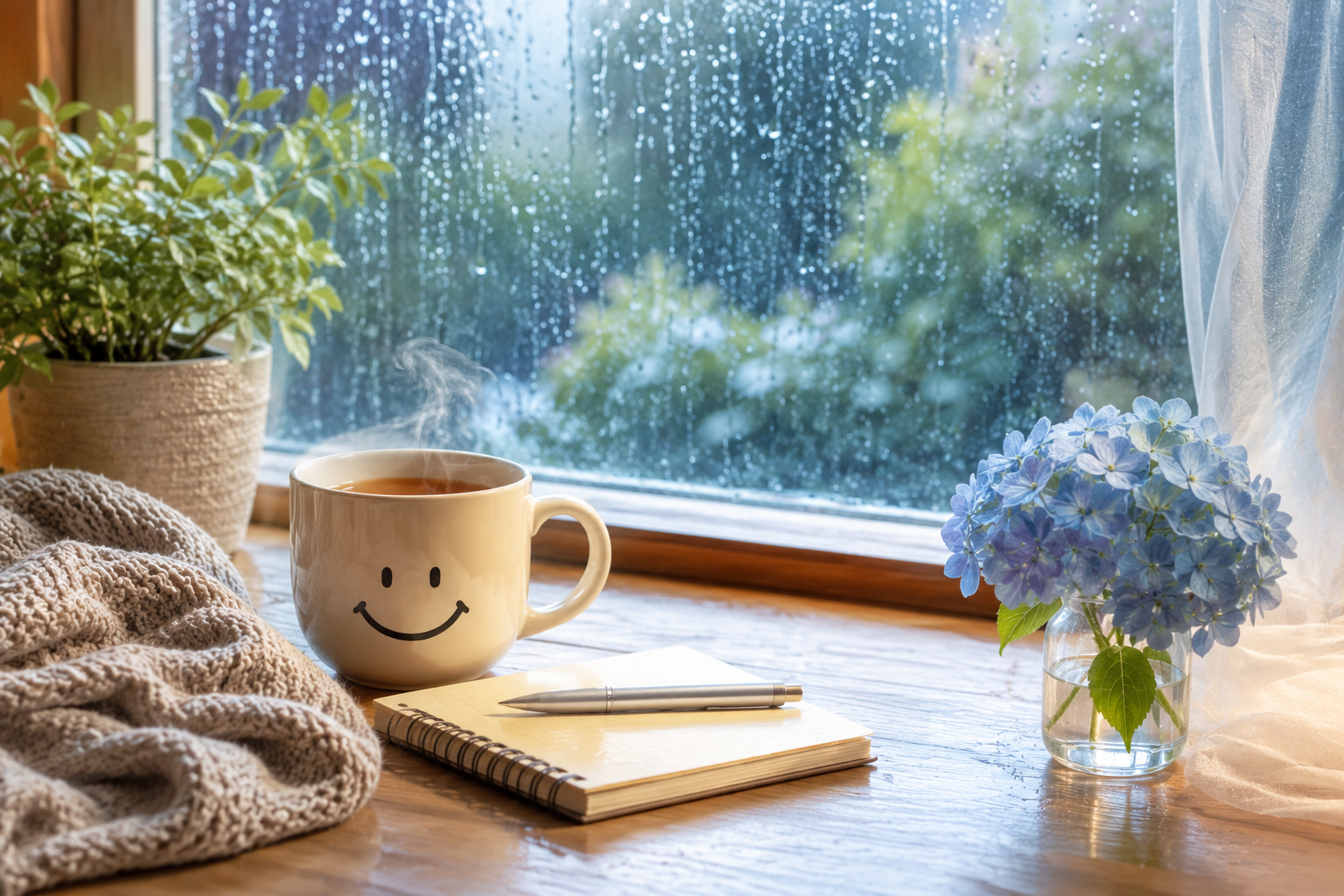 雨が降る窓辺と温かい飲み物がある、静かな雨の朝をイメージした風景
