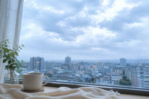 雨の朝の窓辺と曇り空の街並み