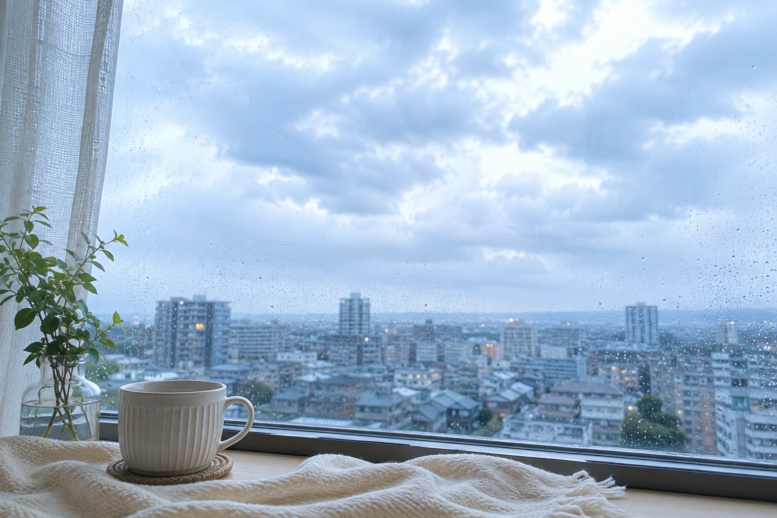 雨の朝の窓辺と曇り空の街並み