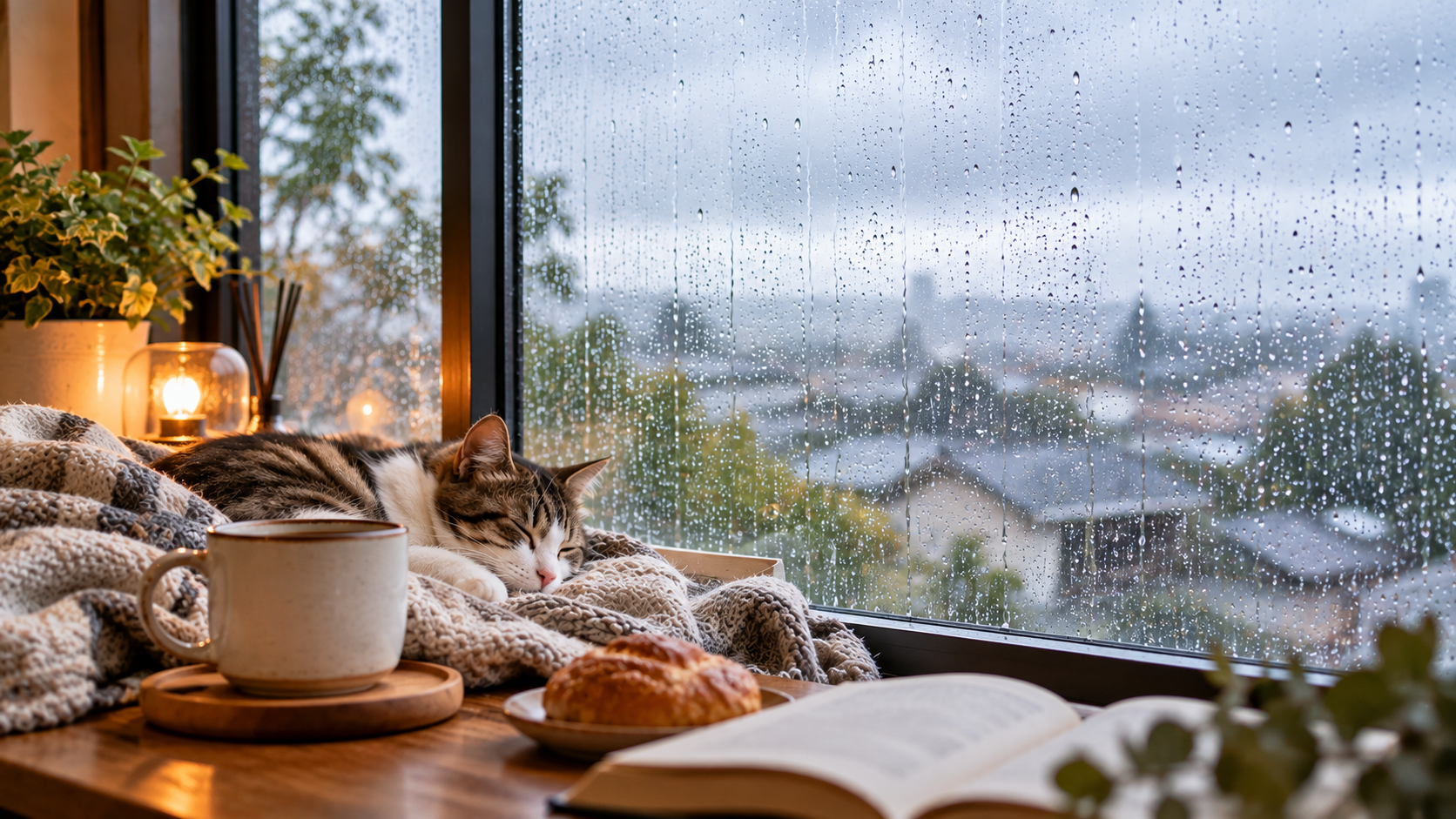 雨が降る秋の朝、窓辺でくつろぐ猫と温かい飲み物