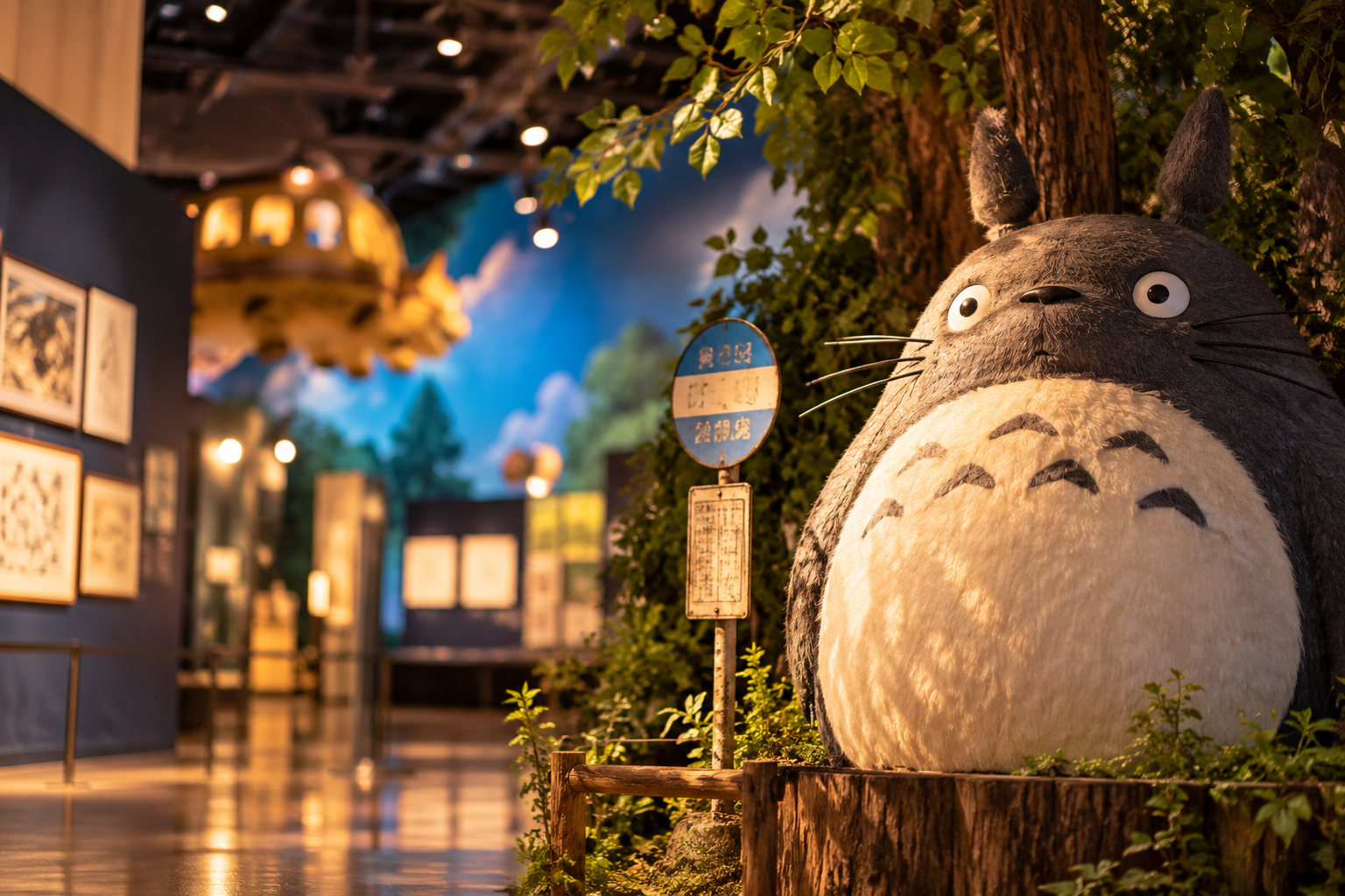 トトロをイメージしたキャラクターが飾られた幻想的な展示空間