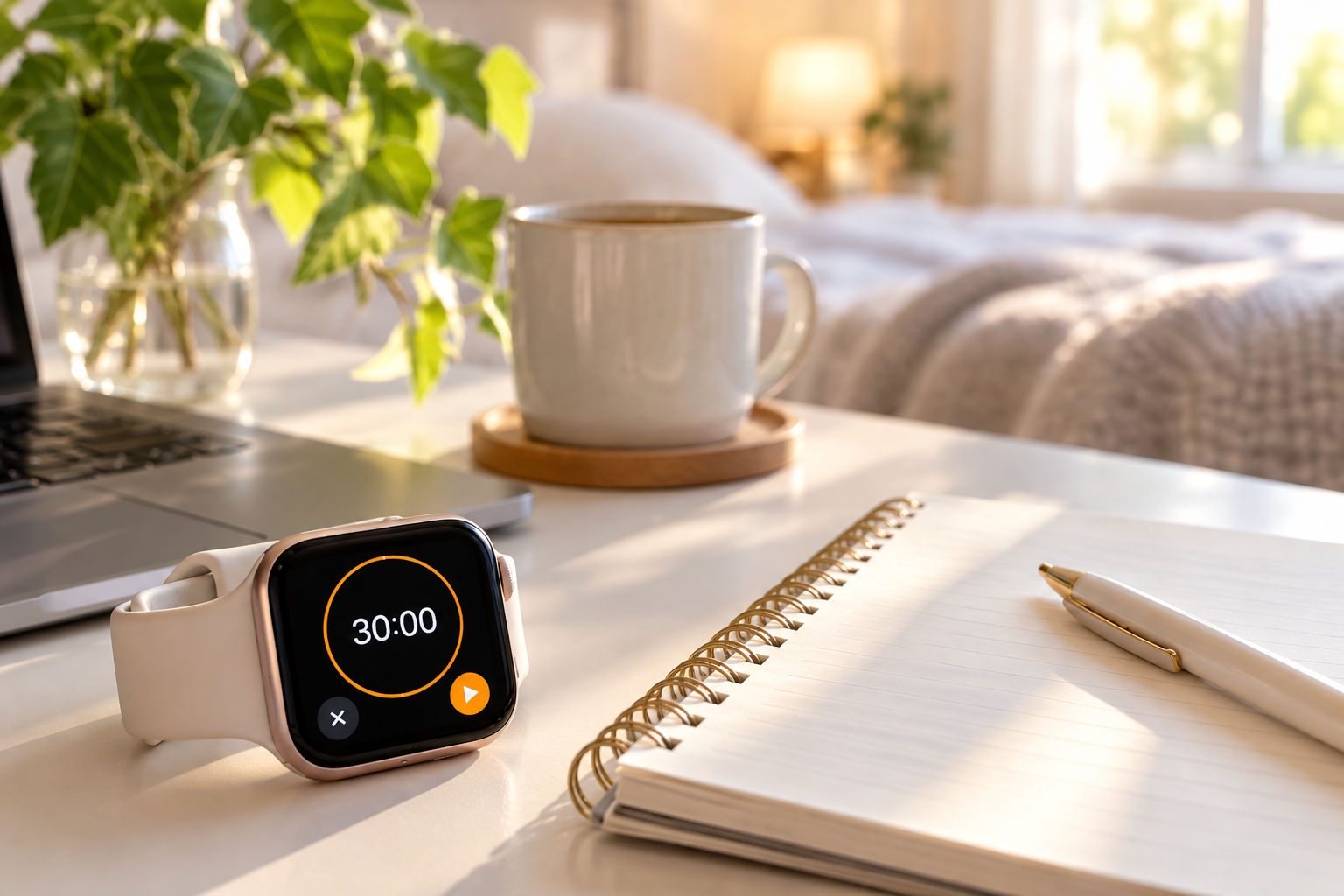 30分タイマーを表示したApple Watchとノートのあるデスク