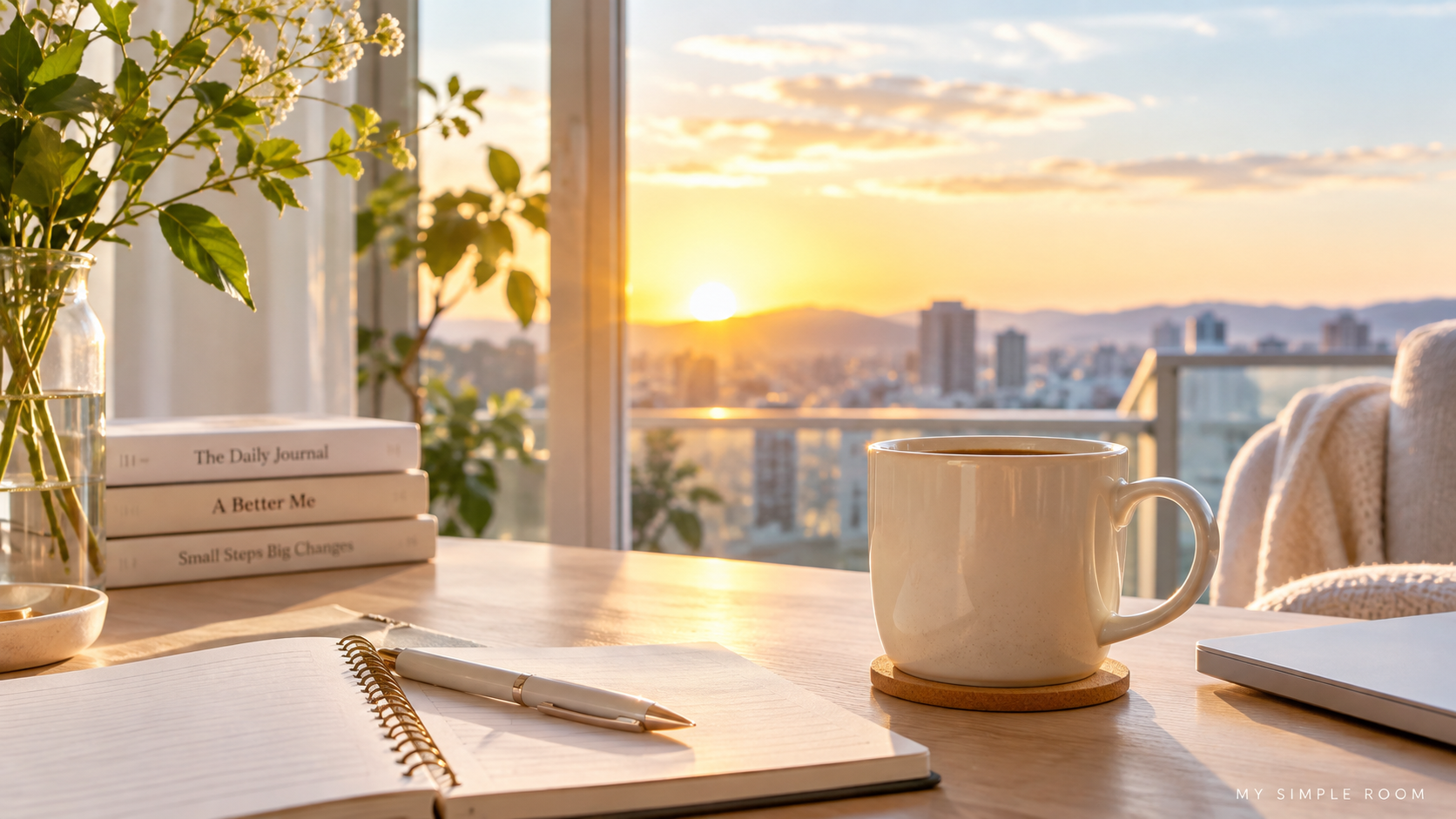 朝日が差し込む部屋でノートとコーヒーを楽しむ朝活のイメージ