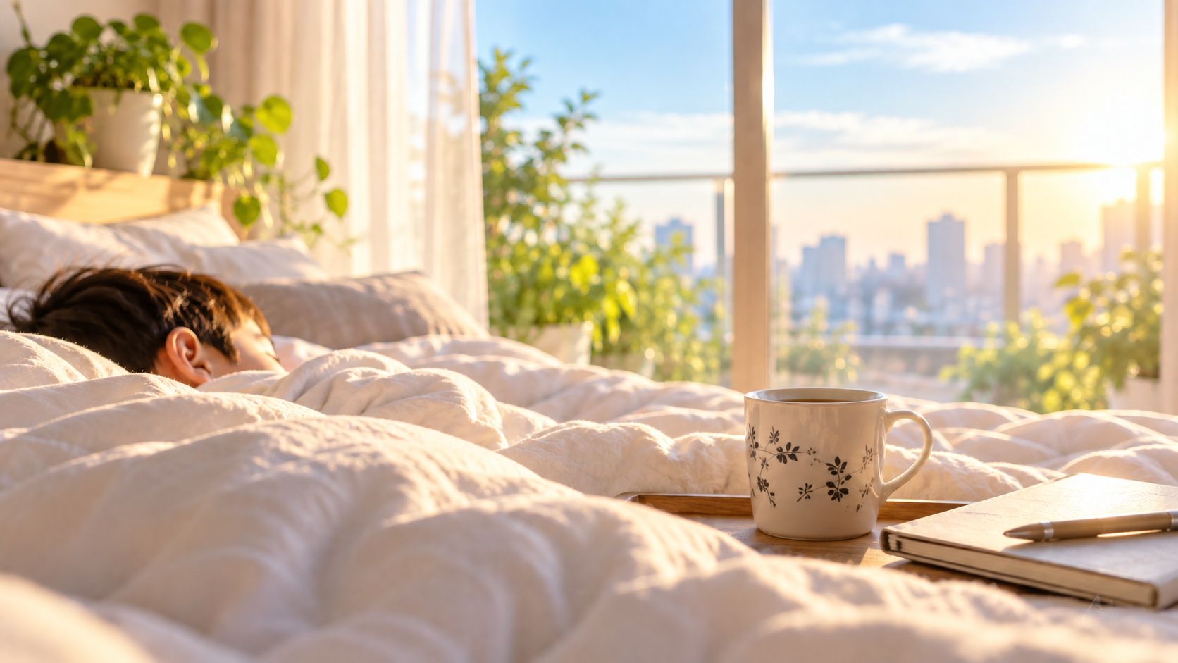 朝日が差し込む寝室でこどもが眠る静かな朝