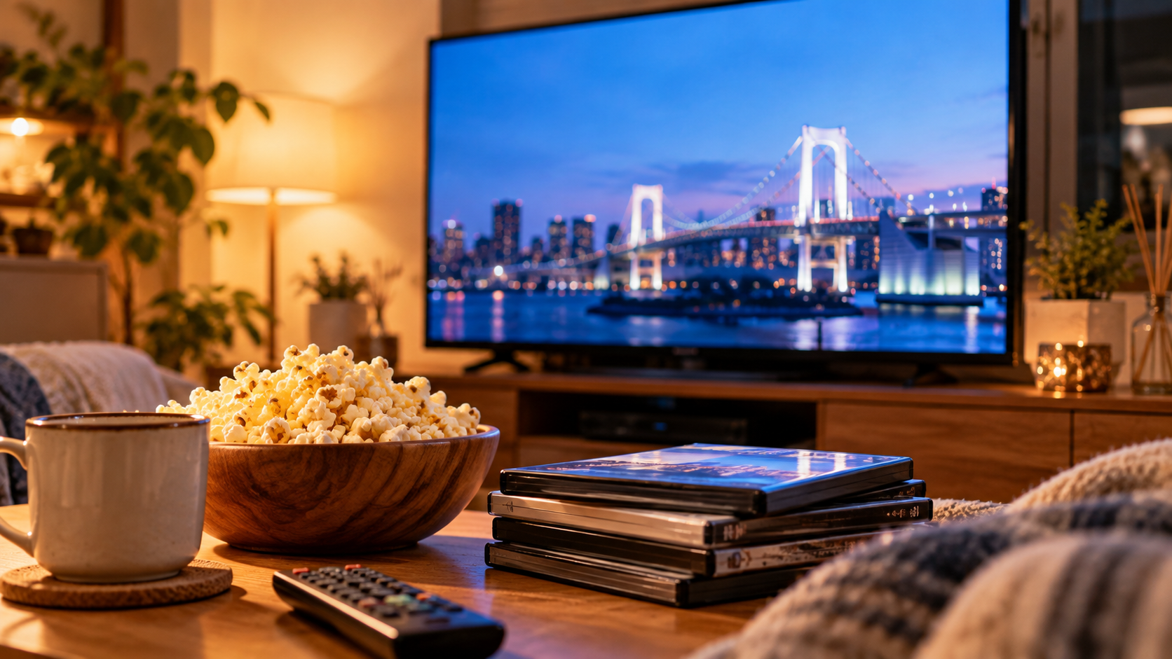 レインボーブリッジが映るテレビと、ポップコーンやDVDを並べた温かなリビング