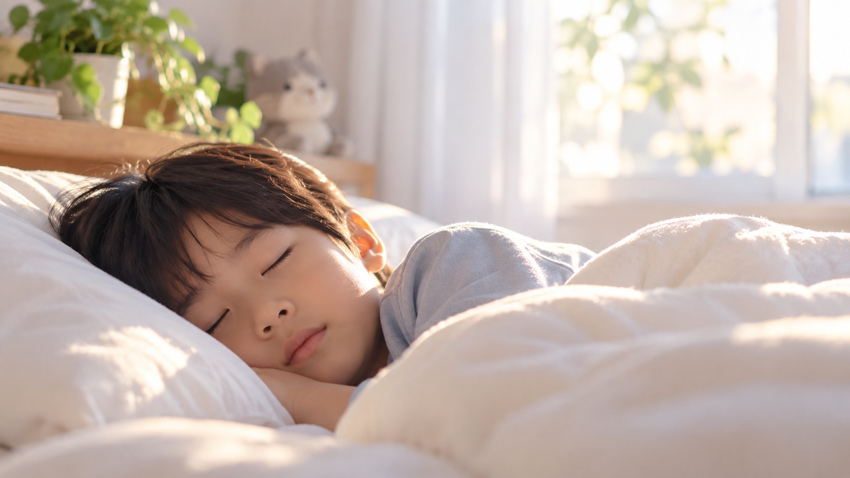 朝の光が差し込む寝室で気持ちよさそうに眠るこども