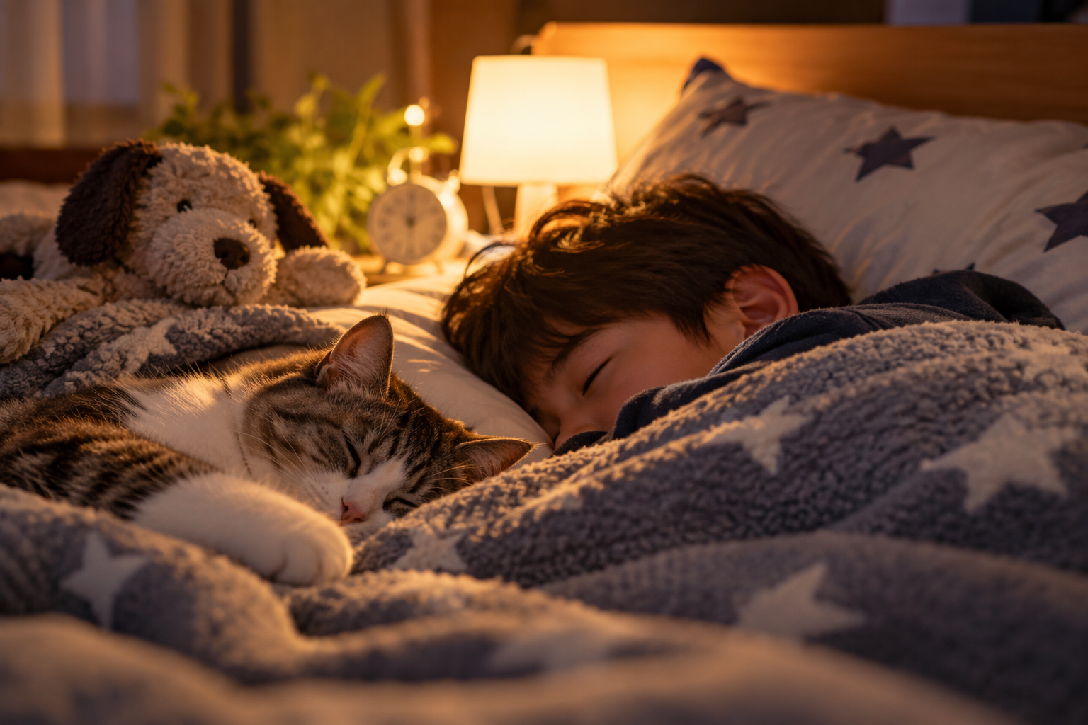 温かな寝室で猫と一緒に眠る男の子と星柄の布団