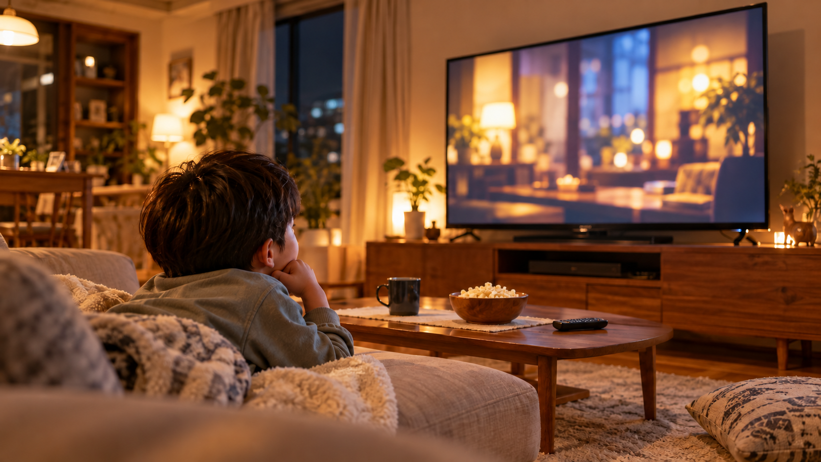 夜のリビングでテレビを楽しむ男の子の後ろ姿