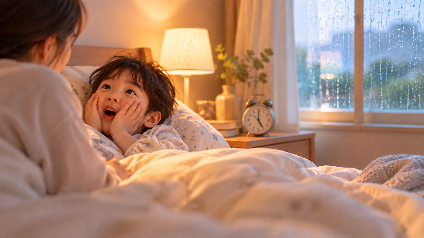 雨の早朝にベッドで目を覚ました男の子と母親