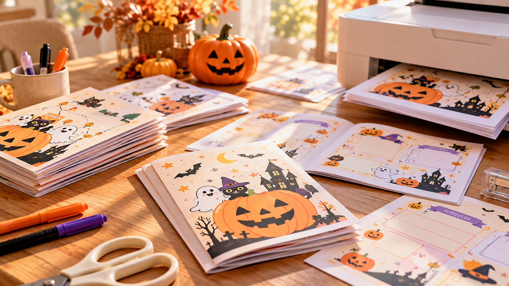 ハロウィンのかぼちゃやおばけ、黒猫が描かれたしおりとプリンターが並ぶ秋の作業風景