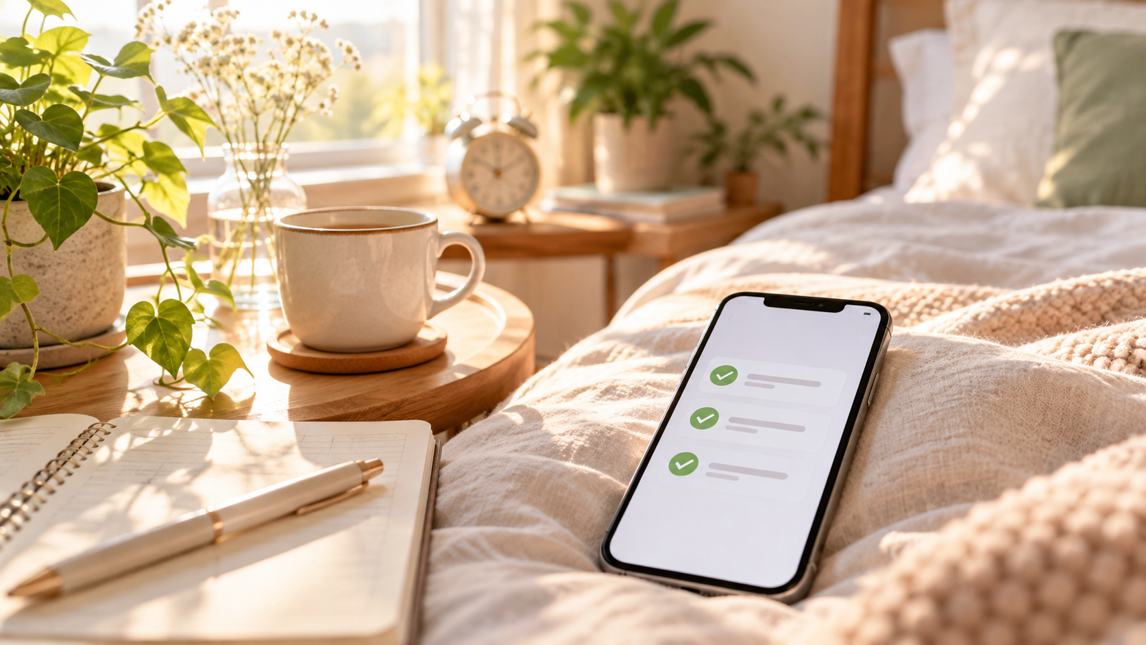 朝日の差し込むベッドサイドで3つのTODOを確認するスマートフォン