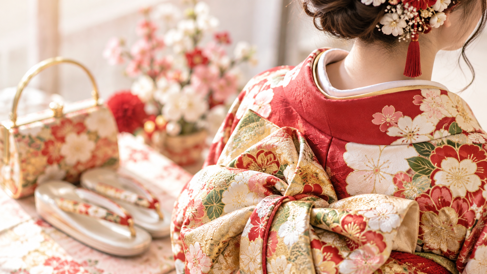 成人式の赤い花柄の振袖と華やかな帯結びを後ろから写したイメージ画像