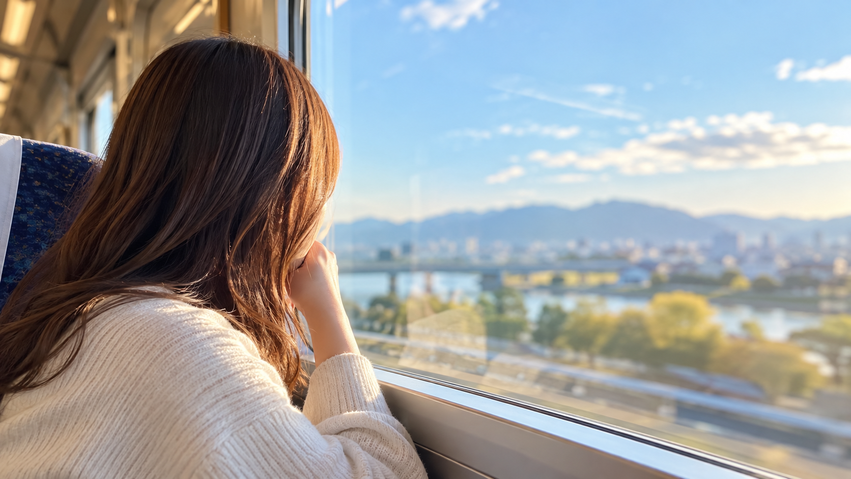電車の窓から景色を眺める女性の後ろ姿